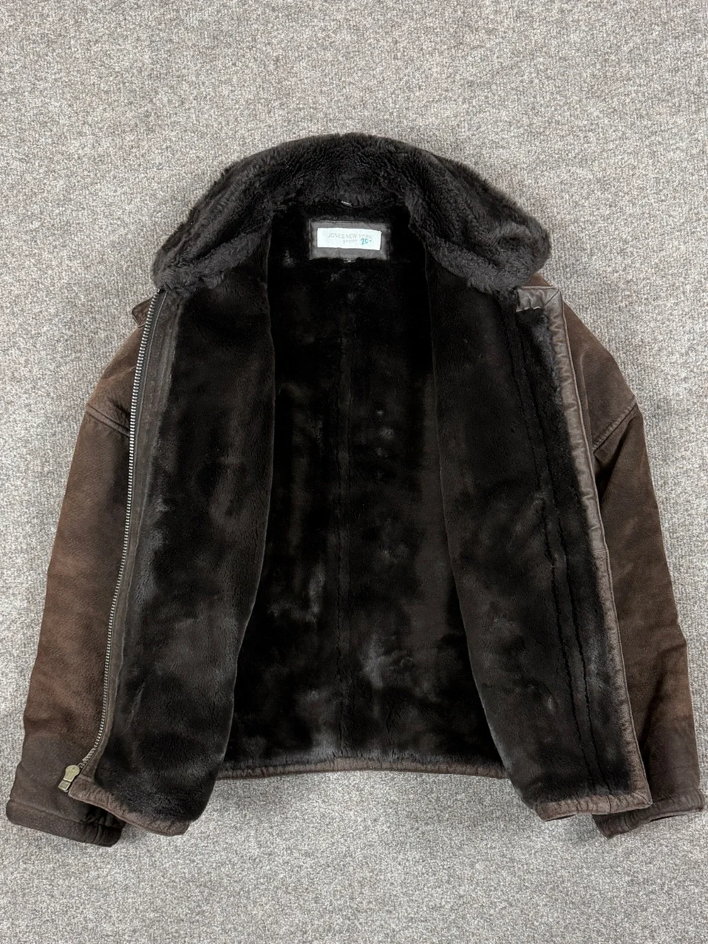 Jones New York Brown Leather Utility Jacket Men’s Small Faux Fur Collar Boxy Fit